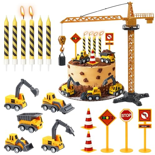 Construction Birthday Candles 17 Pcs Construction Vehicles Cake Toppers Set | Road Sign Tower Crane with Birthday Black Stripes Candle Cake Topper for Birthday Anniversary Party Cake Decorations