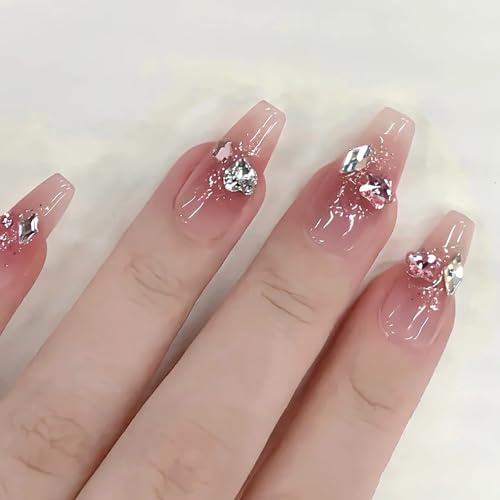 3D Floral Press On Nails, French Tip False with Lily of the Valley & White Flower Design, Elegant Stick On for Bridal(E)