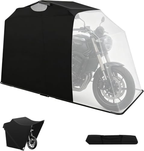 Begoniape Garaje de tienda de campaña para motocicleta, 270 x 105 x 155 cm, cubierta para motocicleta con tienda plegable Oxford y bolsa de transporte, cubiertas para todo tipo de climas, color negro