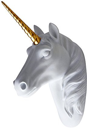 SAC SMARTEN ARTS Animal Head Wall Decor White Faux Furry/Felt/Velvety Resin Unicorn Head Wall Art with Gold Horn for Wall Mount Decoration 5 x 8 x 13