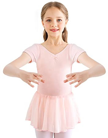 Kinder Ballettkleidung Mädchen Ballettkleid Kurzarm Langarm Balletttrikot Ballettanzug Tanzkleid Tanzbody aus Baumwolle mit Chiffon Rock Tütü (120, Rosa Kurzarm)