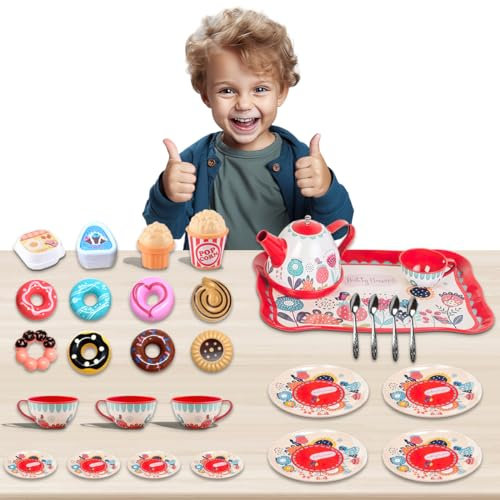 Koolbitz Tin Tea Set Coffee Set, Fake Desserts Metal Teapot, Saucers, Cups Plates Tray Spoons Washable Dishes Made of Safe Material Gift For Children, Learning Toy Indoor & Outdoor Activity