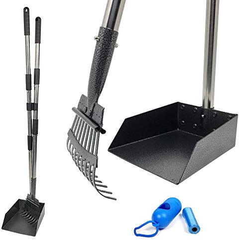 Pet Fit For Life Pooper Scooper Adjustable Long Handle Metal Tray, Rake and Spade/Tray Poop Scoop, Pet Waste Removal Pooper Scooper for Large Medium Small Dogs and Pets