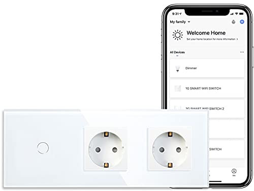 BSEED Presa normale da 16 Amp con interruttore della luce Smart Alexa, in vetro WiFi, interruttore touch screen con doppia spina (cavo neutro necessario), 1 vano, 1 via