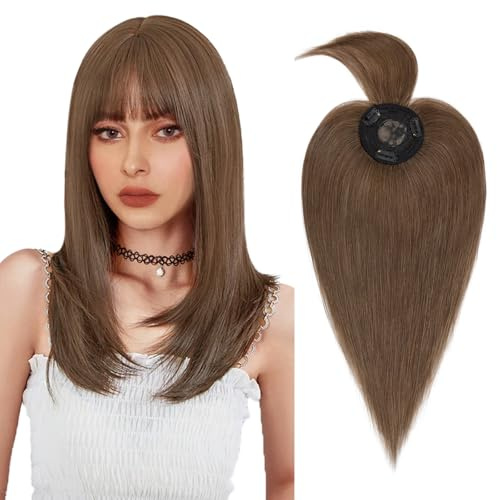 Silk-co Topper Extensions Haarteile Echthaar Clip in Extensions Echthaar Weich Natürlich Glatt Toupet Haarverlängerung mit Pony(11cm lang) 7A Remy Haare 45cm-45g 04# Mittelbraun