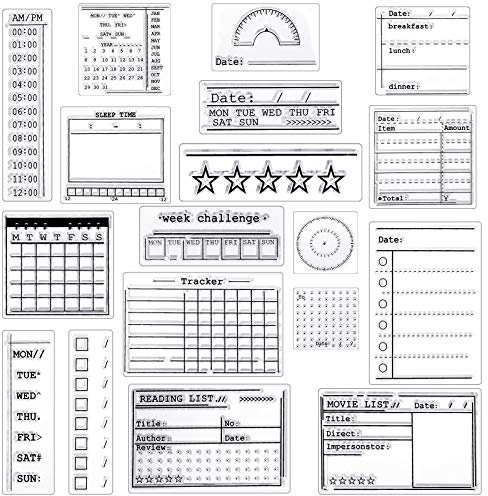 Zonon 18 sellos transparentes para diario, 4 hojas de silicona para calendario, plantillas para viñetas, fechas de semana, mes organizador, tareas, ideas, manualidades, suministros de álbumes de