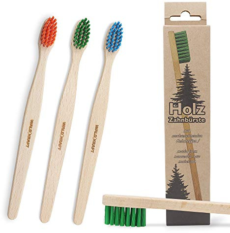 WALDKRAFT Holz-Zahnbürste Blackforest, 3er-Set, Buchenholz, Bio-Nylon Besatz (3-Set, Kinder, grün - orange - blau