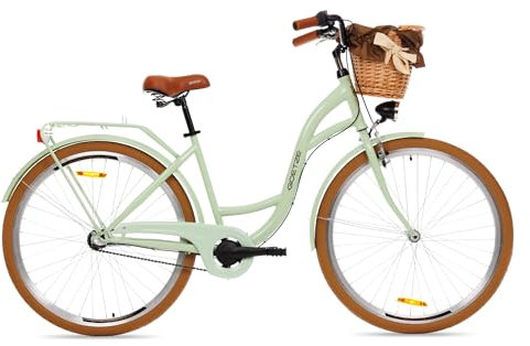 Goetze Style 28 Zoll Damen Citybike, 18 Zoll Tiefeinsteiger, 3-Gang Nabenschaltung, Rücktrittbremse und V-Bremse, LED-Beleuchtung, Rattankorb, Komfortsattel, mit Seitenständer & Klingel