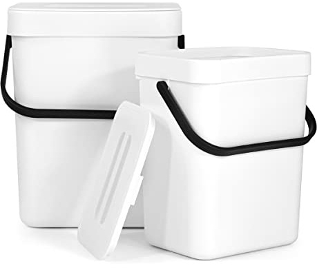 Spesh Biomsoptunna kök set om 2 stycken (5 l + 3 l) plastkomposterdelare luktsäker hängande soptunna med lock för dagligt avfall (vit)