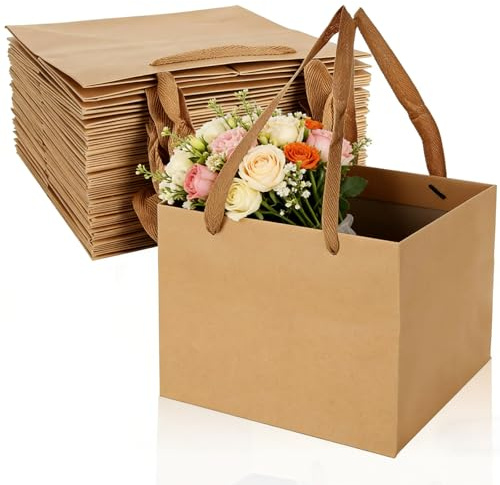 LOLYSIC, 20 sacchetti in carta kraft per regalo - 20x20x20 cm, sacchetti di carta marrone quadrati riciclati con manici, borsa portaoggetti ecologica per vendita al dettaglio, ideale per Natale