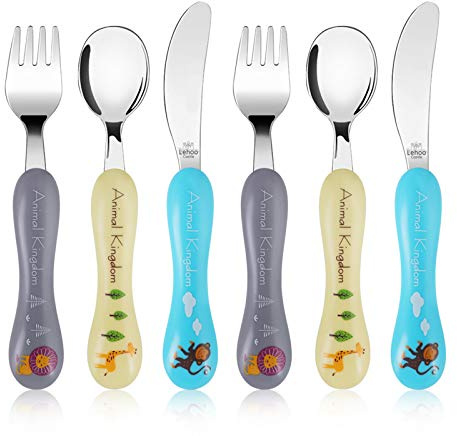 Lehoo Castle Stainless Steel Toddler Cutlery Set, 6-Piece Animals Design | Kids Children Cutlery Includes 2 Spoons, 2 Forks, 2 Knives, BPA free, Rounded Edges for 2-4 Years Old
