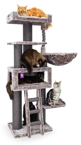 Petrebels Kratzbaum XXL für große Katzen, Parklane 175 cm, Cappuccino | sehr stabil, Ø 12 und Ø 15 cm dicke Stämme, mit XL Hängematte, Schlafhöhle, Loungesofa, dicke Bodenplatte, für mehrere Katzen