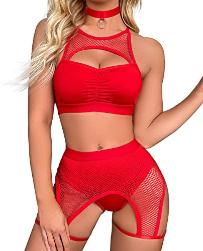 IBAKOM Women's Rave Bodysuit Lingerie Outfits Halter Fishnet Teddy Garter Shorts Cutout Bra 3Pcs Festival Nightclub Underwear