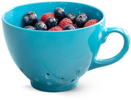 Zeal Berry Colander Cup, Small Hand-held Cup Shape Melamine Strainer/Sieve, for Washing & Draining Fruits, and Berries (10cm) - Aqua Blue