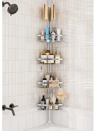 cutefafa Étagère d'angle antirouille pour salle de bains avec 4 paniers pour rangement de shampooing, pour baignoire, 60 à 290 cm, avec barre porte-serviettes (argent)