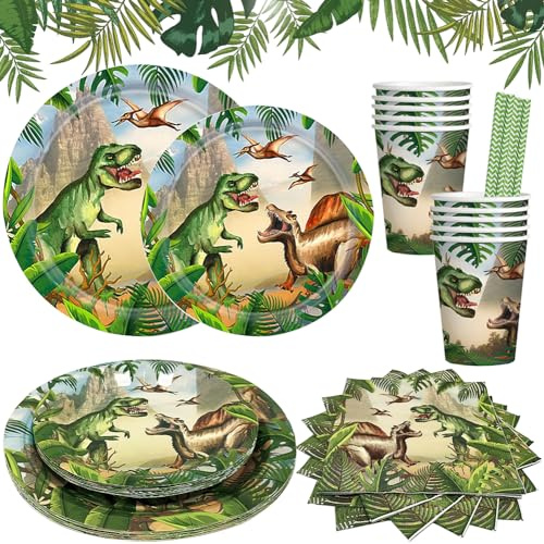 Dino Partygeschirr,Dinos Pappteller und Becher Set,50 Teiliges Partyset Dinosaurier,Pappteller, Tischdecke,Servietten,Tassen,Portionen 10,Geeignet für Geburtstagsfeier,Party im Jurassic Stil