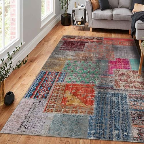 bamyum DeniseTappeto Stampato Ciniglia a Macchina 120 x 180 cm, Patchwork Lavabile per Soggiorno e Camera da Letto, Sottofondo Antiscivolo Antibatterico