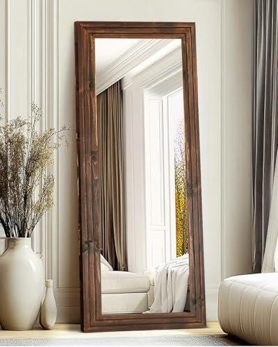 ABSWHLM Full Length Mirror 65x22 with Stand Solid Wood Frame Floor Large Mirror for Living Room, Bedroom Hanging Standing or Leaning Wall-Mounted, Brown