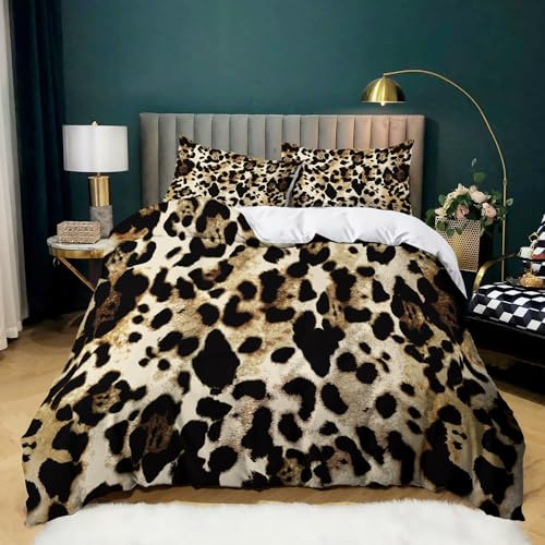 BanbE Bettwäsche-Sets Brauner Leopardenmuster 180x200 cm 3teilig Bettbezug Mikrofaser Bettwäsche mit Reißverschluss und 2 Kissenbezüge 80x80 cm für Jugendliche Kinder