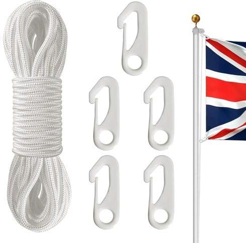 Nylon Flag Pole Rope with 5 Pcs Flag Clips, 15M/50FT 6mm Flag Rope White Flagline Halyard Braided for Outdoor Hanging Bundled Sailing Garden Rigging