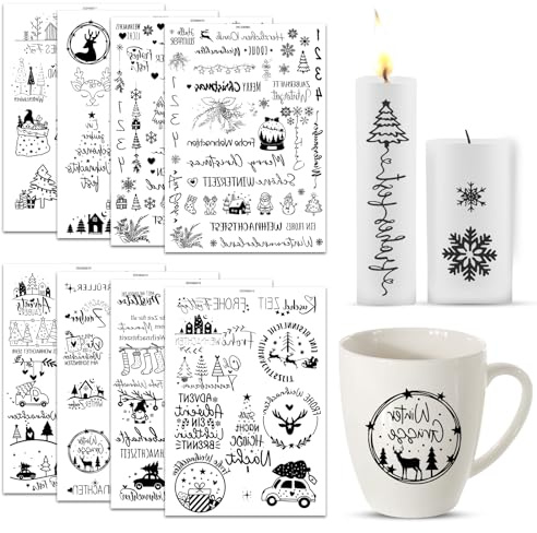 Rub On Sticker Weihnachten 8 Stk, für Glas Holz | Weihnachts Transferaufkleber Rub On Folie,für Kerzen Möbel Scrapbooking,DIY Basteldeko,einfach aufzubringen,haltbare Motive