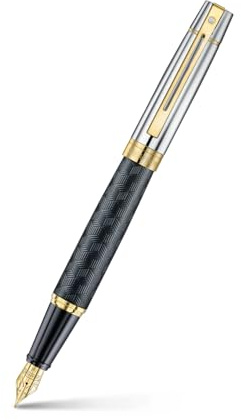 Sheaffer 300 Füllfederhalter Graviert Schwarz – graviertes Metallgehäuse schwarz mit Chromkappe & goldenen Akzenten, Feder M (mittel), inkl. Patrone & Geschenkbox, eleganter Füller
