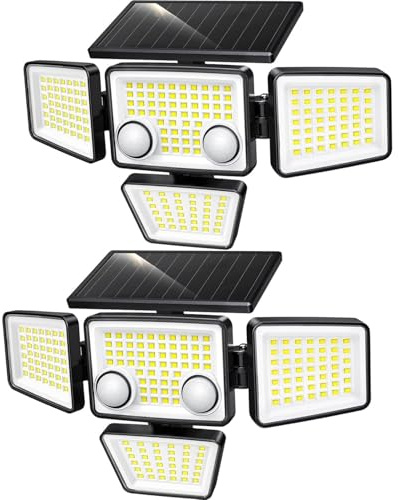 Lumisky FAIRVIEW - Lote de 2 focos solares con 4 cabezas negras, luz LED potente blanco, orientables con detector de movimiento, ideales para proteger jardín, terraza y exterior