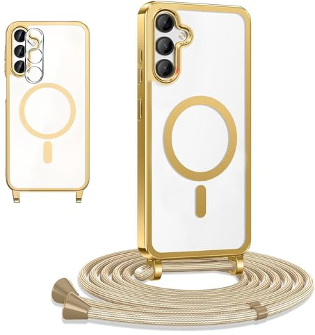 CaseLover Magnetische Handyband für Samsung Galaxy A55 5G Hülle mit Band, Klare Silikon Handyhülle mit Kordel zum Umhängen Stossfest Bumper Schutzhülle Case mit Kameraschutz für Samsung A55 5G, Gold
