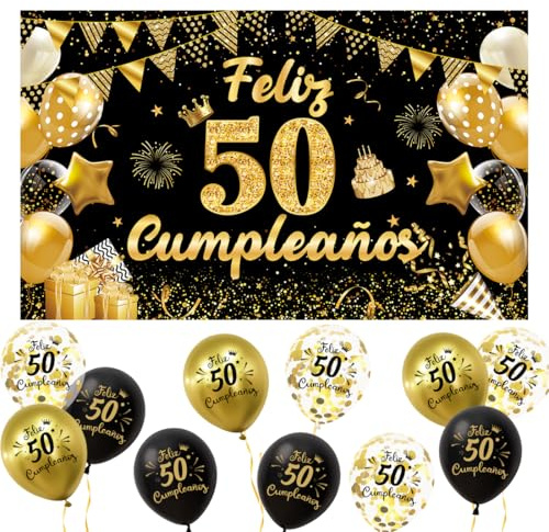 Meleager Decoración 50 Cumpleaños Español, Pancarta Feliz 50 Años + 15 Globos, Banderola de Feliz 50 Años Cumpleaños, Kit Decoración Fotos para Fiestas Negro y Dorado