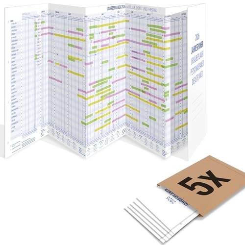 5er Pack: Yohmoe Mitarbeiter Urlaubsplaner 2026 faltbar, gefalzt Format 975x297 mm, großer Personalplaner Wandkalender für Urlaubsplanung, Dienstplaner Kalender über 14 Monate, Urlaubskalender