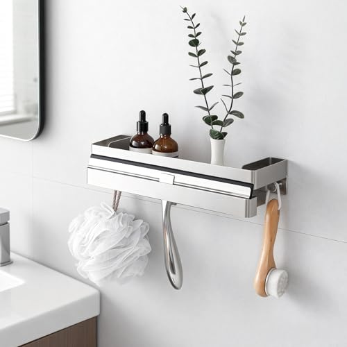 Womamny Ohne Bohren Edelstahl Badezimmer-Regal mit Haken - Wasserdichtes Wandregal für Duschgel, Shampoo & Handtuch - Rostfreier Dusche Organizer mit 5KG Tragkraft -Edelstahl matt