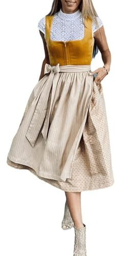 YOSUWOAI Abito da donna midi in stile dirndl, lungo, disponibile in taglie forti, con camicetta, vintage, elegante, outfit per feste, cocktail, serate, costume per l’Oktoberfest, C arancione., S