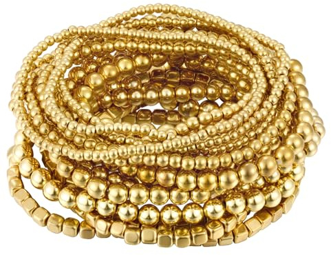 ÌF ME 16 PCS Gold Bead Bracelet for Women, Gold Beaded Stretch Plated Stackable Strand Bead Ball Bracelets stack Adjustable Jewelry Set for Gifts