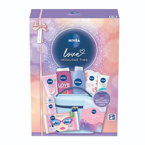 NIVEA Love Indulge Time Gift Set (9 Products) – Women's Gift Set – Includes Shower Gel, Anti-Perspirant, Body Lotion, Skincare Products - with Affirmation Cards and Cosmetic Bag