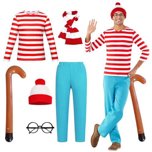 Suffolly Juego de 5 camisetas a rayas rojas y blancas para adultos, disfraz de Wally con sombrero, camiseta, bastón, bufanda, gafas, disfraz de los años 90 y 80, disfraces de Halloween para hombres y