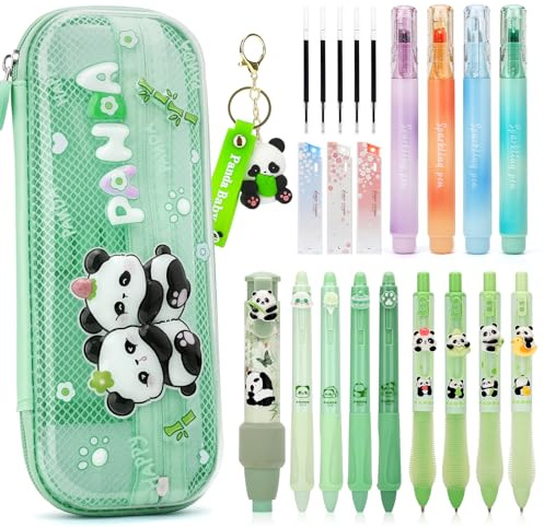 SKAMORI Panda Mäppchen mit 20+pcs Schulsachen, 4 Pastell Textmarker | 4 Gelstifte | 4 Druckbleistifte, Aesthetic School Stuff Clean Girl Stationery & Geschenke für Mädchen