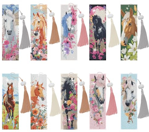 10 Stück Diamond Painting Lesezeichen Pferd, Pferde Mädchen Geschenk, 5D Diamond Painting Pferd, DIY Lesezeichen Bookmark mit Quastenanhänger für Mädchen Jungen