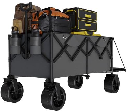 JUMMICO Bollerwagen Faltbar 332L mit Verstellbarer Heckklappe 200 KG Belastbar, Faltbarer Bollerwagen mit 360°-Schwenkbare All-Terrain-Räder & Bremsen für Strand Wanderung Camping Einkauf,Grau
