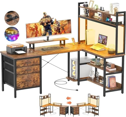 iSunirm L Shaped Desk with Hutch, Gaming Desk with Led Lights, Reversible Computer Desk with Power Outlet, Corner Desk with File Drawer & Monitor Stand, Storage Shelves for Home Office, Rustic Brown