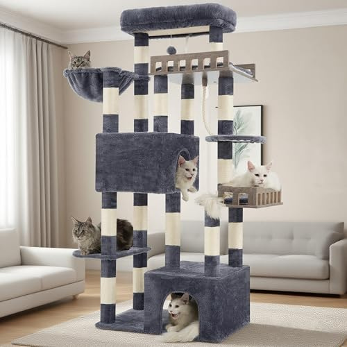 Gitelsnour Arbre à Chat, Tour de Jeux pour Chats pour Grands Chats Adultes, 174cm Tour Chat avec hamac, 2 Grands perchoirs, 2 niches, 15 poteaux à griffer, Gris foncé GCT033G