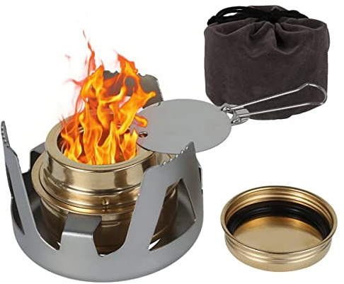 Alcohol Stove, Mini Brass Spirit Burner with Aluminium Stand & Adjustable Flame Cover, Lightweight Camping Stove for Backpacking Hiking Outdoor Picnic Cooking