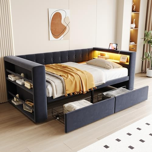 Zravenna Schlafsofa Polsterbett 90/180×190 cm mit 2 geräumigen Schubladen, Armlehnen mit Stauraum auf beiden Seiten, Multifunktionales Daybed Einzelbett, Flannelette (B-Dunkelgrau)
