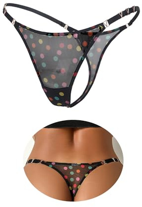 ohmydear Mini Perizoma a Rete Tanga Sexydonna T-Back G-String Vita Bassa Regolabile con Strass Micro Perizoma Seducente Modello a Pois Slip Brasiliana Sexy con Cavallo Cotone