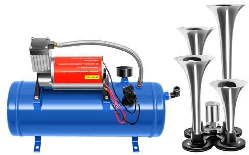 150dB Luft Horn Luftkompressor, 12V 4 Trumpet Train Luft Horn Kit und 150PSI Luft Kompressor mit 6L Tank für Fahrzeug, Auto, LKW, Zug, Van, Boote, Blau