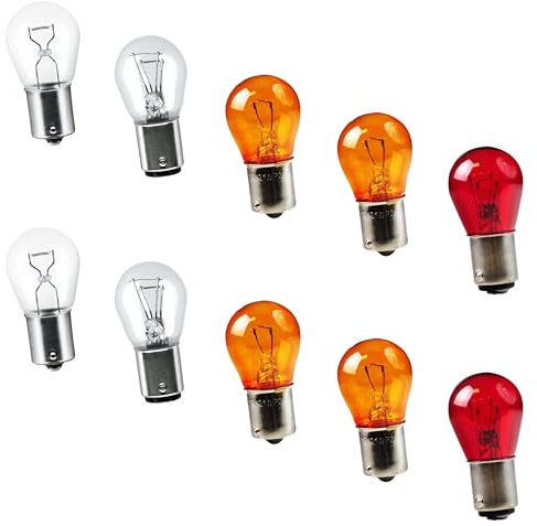 Crono 10-teiliges Halogen Lampenset, Glühbirnen P21W P21/5W BA15s BAY15D BAU15s, Klar Orange Rot, Signalleuchten für Fahrzeuge