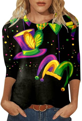 T-shirt à col rond pour femme - Motif couronne de plumes - Mardi - Manches 3/4 - Décontracté - Décontracté, vert, XXL