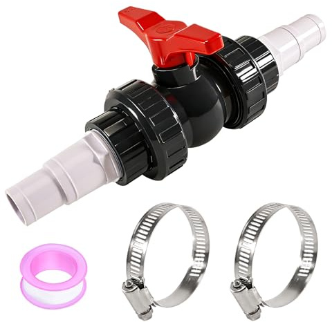 50mm Kugelhahn mit Schlauchverbinder - PVC Pool Absperrhahn Set | Inkl. 1 Absperrhahn 1 1/2 Zoll, 2 Poolschlauch Verbinder 32-38mm, 4 Schlauchschellen & Dichtband - Ventil Kugelventil für Pool