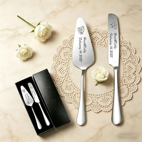 RSQGT Personalised Cake Knife and Server Set for Wedding Ceremony Keepsake | Stainless Steel, Customizable Name Icon Text for Graduation, Birthday Parties, Brides and Anniversaries Gift