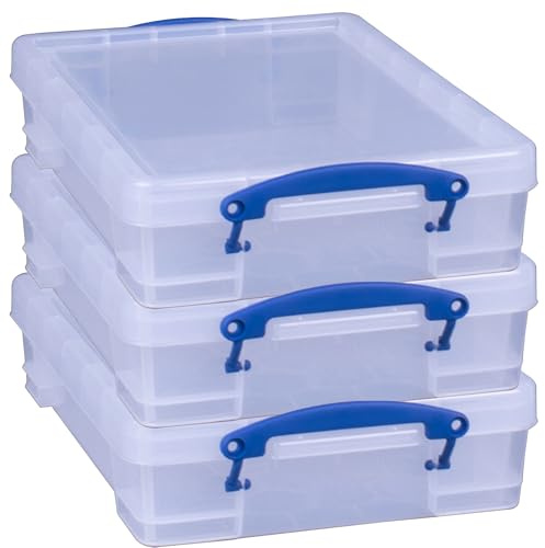 Really Useful Box 4 Liter Plastic Stackable Storage Container w/Snap Lid & Built-In Clip Lock Handles for Home & Office Organization, Clear (3 Pack)
