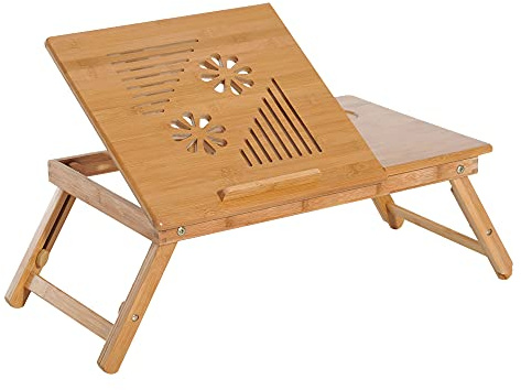 HOMCOM Mesa Plegable de Bambú, Mesa de Ordenador Portátil, para Cama y Sofá, Altura Ajustable, Cajón, Patas Plegables, para Leer, Escribir, Comer, Trabajar, Natural
